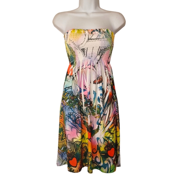 DNLA SPORT Colorful Heart Air Brush Print Smocked Ivory Strapless Dress Large - Picture 1 of 9